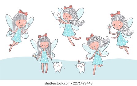 Tooth fairies characters, vector hand drawn art for wall mural