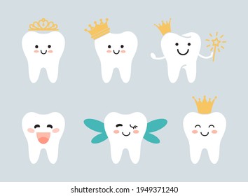 Tooth fairies with crowns and wings. Cute cartoon fllat illustrations in kawaii style