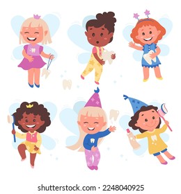 Tooth fairies flat icons sat. Magic character. Cute cartoon kids with magic wings looking for teeth. Mouth hygiene. Toothbrush and toothpaste for teeth brushing. Color isolated illustrations