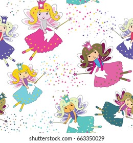 Tooth Fairies With Magic Wands And Stars Around. Seamless Pattern. Vector Illustration On White Background