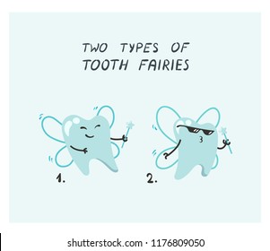 Tooth fairies set character vector collection oral care for children funny teeth with wings and star wands