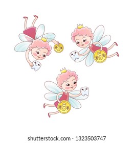 Tooth fairy with a baby milk tooth and coin. Tooth fairy girl flying Fantastic vector illustration in cartoon style isolated on white background.
