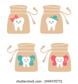 Tooth Fairy bag with a girl tooth, a boy tooth and funny teeth with wings