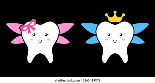 Tooth Fairy With Bow illustration, Tooth Fairy With Crown, Kids illustration, Teeth vector, Dentist