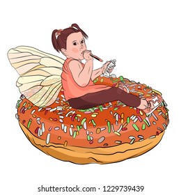 tooth fairy brushes her teeth with toothpaste and a toothbrush on a big donut in a color sprinkle. small child on a donut with ponytails. Vector illustration on white isolated background. style