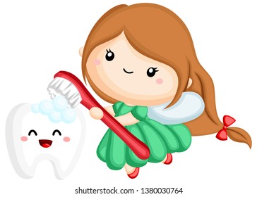 a tooth fairy brushing a tooth with a brush