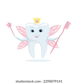 Tooth fairy in a caron and with a magic platter. The tooth fairy holds a cheerful tooth in her hands. Healthy teeth. Cute fairy tale character. Vector illustration.