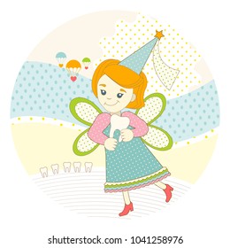 A tooth fairy carries a milk tooth. Fairy in red shoes and hidden behind his back.