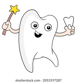 The tooth fairy is carrying a magic wand showing healthy teeth, vector illustration art. doodle icon image kawaii.