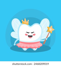 Tooth fairy cartoon character holding star magic wand, dental treatment concept for poster design