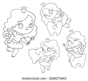 Tooth Fairy. Cartoon characters. Funny vector illustration. Isolated on white background. Coloring book. Set