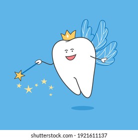 Tooth Fairy. Cartoon Tooth Fairy with magic wand and wings.