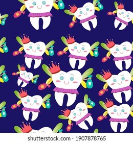 Tooth fairy cartoon seamless pattern illustration. Tooth fairy in a skirt and with a crown holds a bag of teeth and coins. The tooth fairy collects the teeth of kids