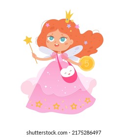 Tooth fairy character holding magic wand, gold coin and bag for baby teeth vector illustration. Cartoon isolated fairytale princess with crown on head, pink dress and wings, kids dental care angel