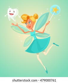 Tooth fairy character holding tooth. Vector flat cartoon illustration