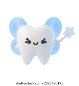 Tooth Fairy character, isolated realistic 3d vector on white background. White dental object with wings and a magic wand, medicine and health concept design element. Icon or clipart of teeth.