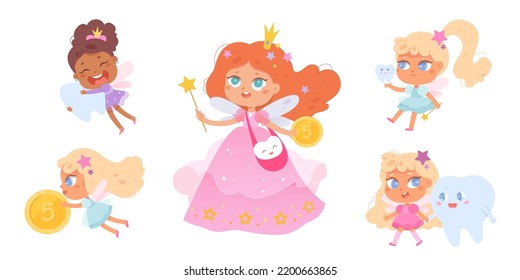 Tooth fairy characters set vector illustration. Cartoon isolated fairy tale princess with crown and dress, little pretty girls with magic stick, teeth and coin flying, elfs of dental care and hygiene