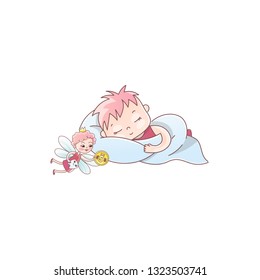 A tooth fairy with a coin flew for a baby tooth. The baby is sleeping on the pillow. Milk tooth under the pillow. Vector illustration