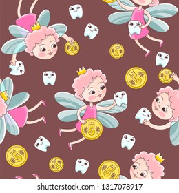 A tooth fairy with a coin flew over for a baby milk tooth. Vector seamless pattern in a cartoon style for pediatric stomatology or for a child dentist