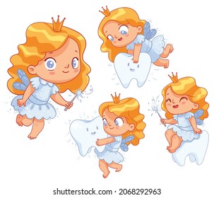 Tooth Fairy. Colorful cartoon characters. Funny vector illustration. Isolated on white background. Set