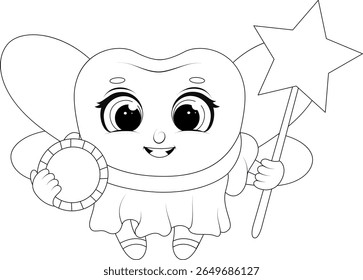 Tooth fairy coloring page for kids with coin and wand