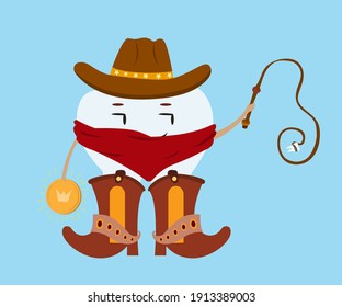 Tooth fairy cowboy. Character in a cowboy hat and cowboy boots holds a whip with a tooth and a sparkling coin. Vector cartoon illustration. National tooth fairy day