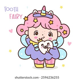Tooth fairy cute baby cartoon girly angel unicorn funny character (toddlers playing). Kawaii girl princess adorable children. Make a wish for baby t shirt, celebration party, greeting card, nursery