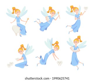 Tooth fairy. Cute little flying princess with wings in action poses exact cartoon fantasy mascot isolated