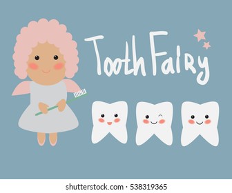 Tooth fairy and cute teeth vector illustration.