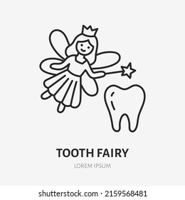 Tooth fairy doodle line icon. Vector thin outline illustration of sprite. Black color linear sign for pediatric, dentistry