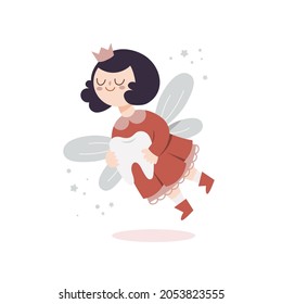 Tooth fairy. Сute fairy-tale vector  illustration. Fabulous magical fairies character with crown and wings