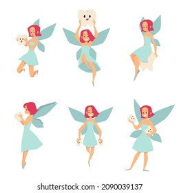 Tooth fairy female cartoon characters collection, flat vector illustration isolated on white background. Beautiful magic tooth fairy fantasy characters set.