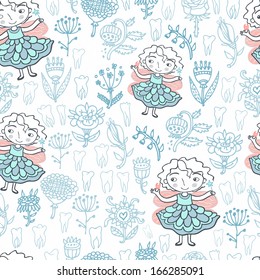 tooth fairy and flowers light seamless pattern