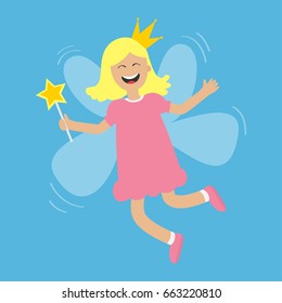 Tooth fairy flying wings. Smiling teeth mouth. Happy girl holding star magic wand. Cute baby teeth cartoon laughing character in dress, crown Smiling woman Blue background Isolated Flat design Vector