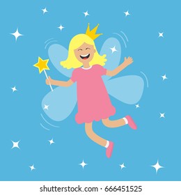 Tooth Fairy Flying Wings. Smiling Teeth Mouth. Girl Holding Star Magic Wand. Shining Fairy Dust. Cute Baby Teeth Cartoon Character In Crown. Smiling Woman. Blue Background. Isolated Flat Design Vector