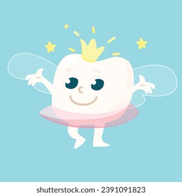 Tooth fairy in the form of a tooth with a crown and wings. Funny character in cartoon style for children's design.