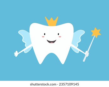 Tooth fairy in the form of a tooth with wings and a magic wand. Vector illustration for banner, postcard, poster