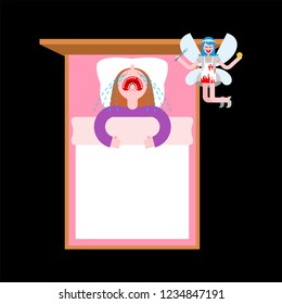 Tooth fairy and girl in bed. Child sleeping
