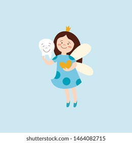 Tooth fairy girl magic fantasy creator with a tooth the flat cartoon illustration isolated on blue background. Fairytale character for projects on children's themes.