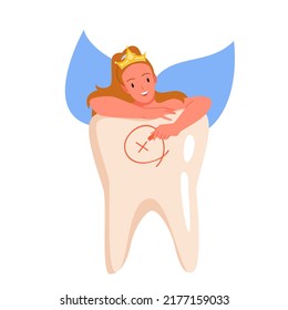 Tooth fairy holding fallen out tooth. Night flying creature, childhood tale and myth, collecting kids milk teeth, tooth under pillow tradition, magical imaginary princess vector illustration