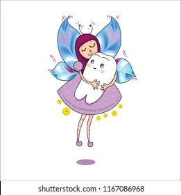 a tooth fairy holds a tooth. funny cartoon illustration