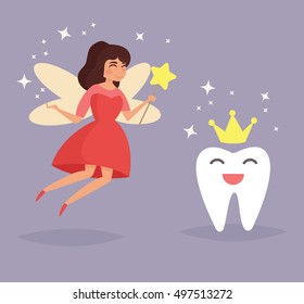 Tooth fairy hovers above the tooth in crown. Vector illustration. Cartoon character. Isolated. Flat. Wings, fly, soar