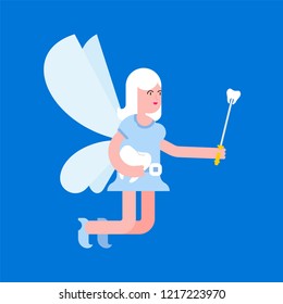 Tooth Fairy isolated. Coin exchange for tooth. Little magical woman. Tiny creature with wings. Flying Mythical fabulous character and magic wand
