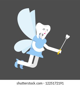 Tooth Fairy isolated. Coin exchange for tooth. Little magical woman. Tiny creature with wings. Flying Mythical fabulous character and magic wand
