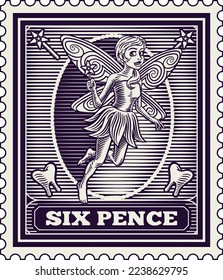 Tooth fairy letter mail post postage stamp in a classic woodcut style.