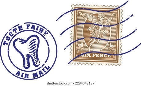 Tooth fairy letter postage stamp and airmail postmark. Air mail post mark featuring a tooth.