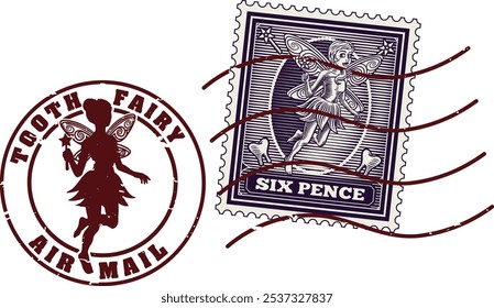 Carimbo postal de carta de fadas de dente e carimbo postal de correio aéreo. Correio aéreo post mark com silhueta.