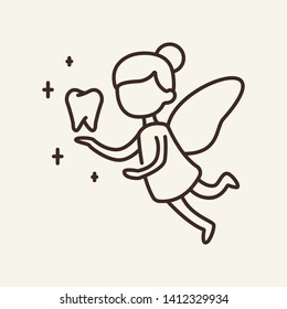 Tooth fairy line icon. Flying magic girl holding tooth. Dental care concept. Vector illustration can be used for topics like healthcare, dental care, pediatric dentistry