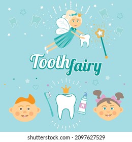 Tooth Fairy logo children's dentistry art icons. Tooth brush and kids.