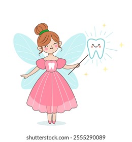 Tooth fairy with magic wand and baby tooth. Flat vector illustration on white background